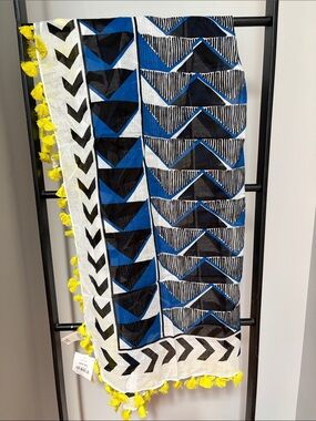 Joe Fresh Blue and Black Geometric Scarf with Yellow Tassels